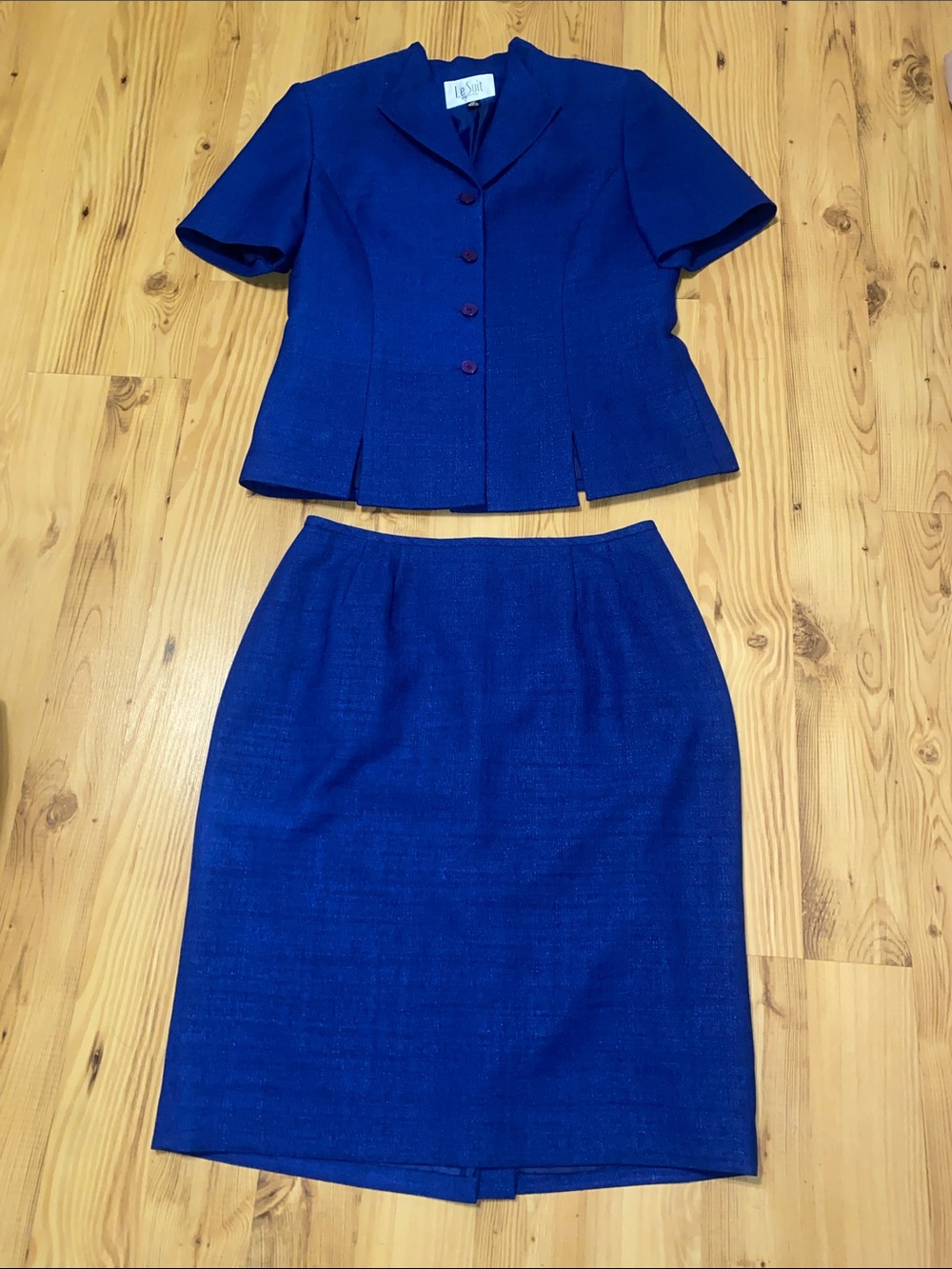 Le Suit Blue Short-Sleeve Blazer and Pencil Skirt Set